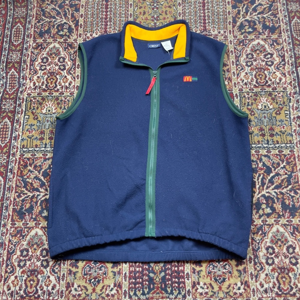 VTG Rare 80s 90s Crest McDonalds Fleece Vest XXL Navy Blue Zip Employee Logo